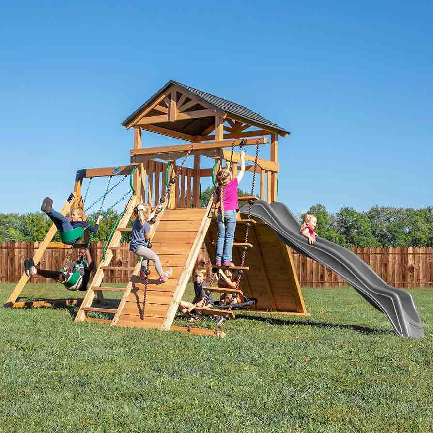 Backyard Discovery Endeavor All Cedar Wood Swing Set Playset with Gray Wave Slide for Backyard with Large Clubhouse Rope Ladder Rock Climbing Wall Wave Slide 2 Belt Swings and 1 Web Swing Gift (COMPLETE)