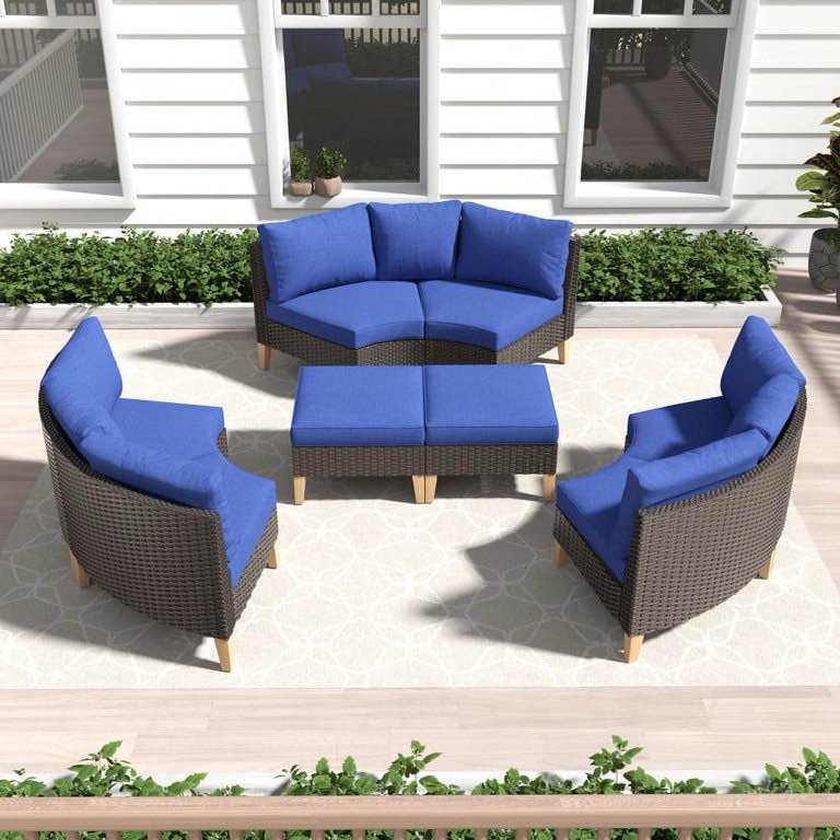 PARKWELL 8 Pieces Wicker Conversation Set with Half-Moon Curved Cushioned Sofa and Ottomans, Outdoor All-Weather Patio Sectional Seating Furniture Set for Patio Deck Garden Pool,Navy