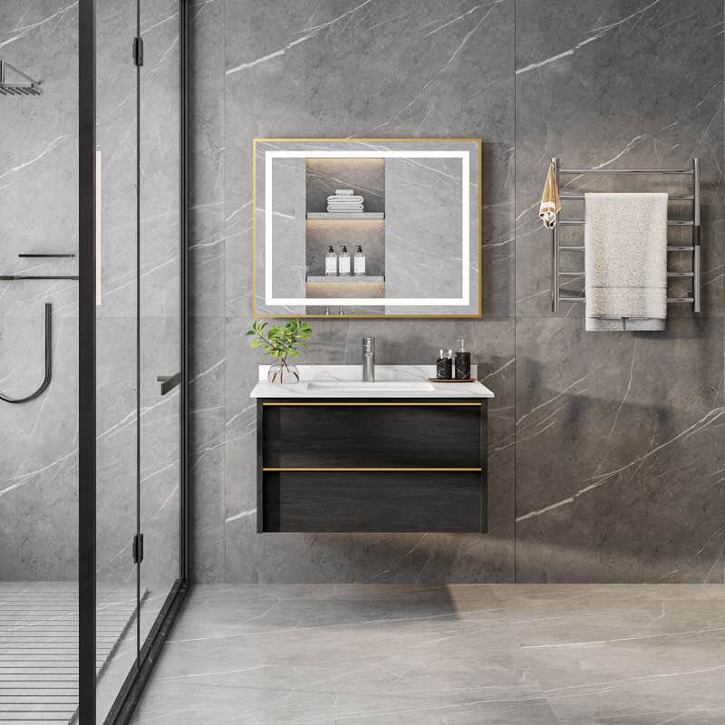 Wade Logan Magellan 32" Wall Mount Bathroom Vanity w/ Sintered Stone Top 17.7 H x 35.4 W x 21.7 D in Black/Brown/WhiteWood/Stone in Gray 18.2" H X 32" W X 21.7" D  (COMPLETE)