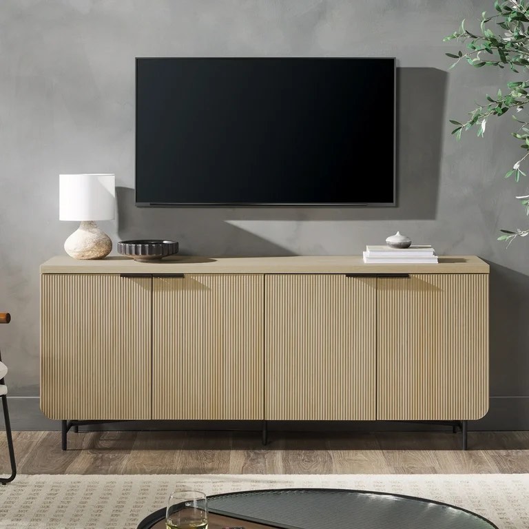 Walker Edison Lowen Contemporary Fluted-Door Sideboard, 69 Inch, Coastal Oak/Black