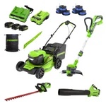 Greenworks 24V Mower, Blower, Trimmer and Hedge Trimmer Combo + (3) 4Ah Batteries Item   1734927 Model  2132702VK