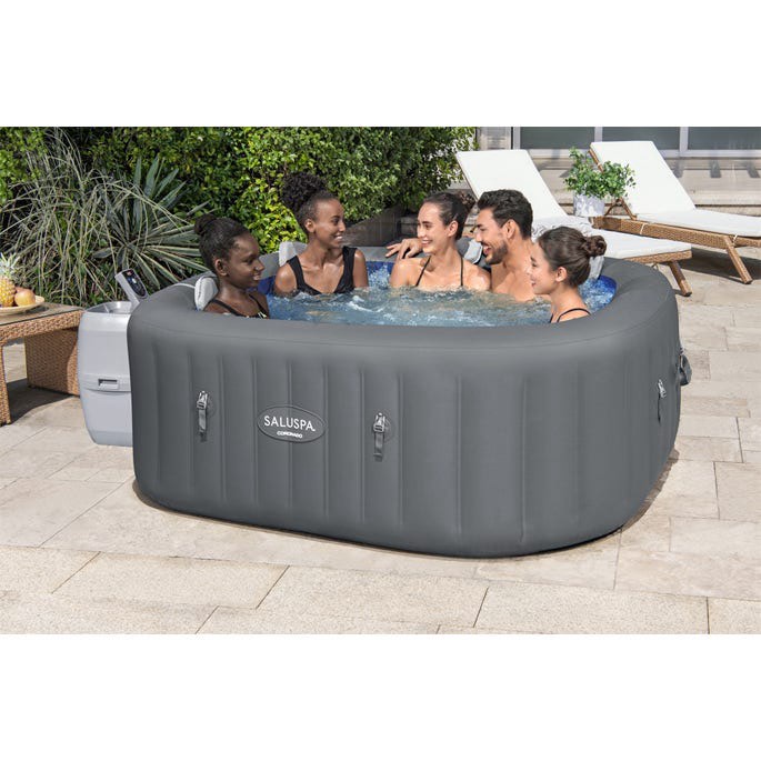 SaluSpa Coronado EnergySense Square Air Jet 4-6 Person Inflatable Spa with 114 Soothing AirJets and Insulated Cover : Inflated Size: 71" x 71" x 28" Digital Control Panel & Spa Pump with Integrated Filtration System Freeze Shield Automatic Heating Water Capacity At 80%: 177 Gallons Built-in Wi-fi Module, Spa Can Be Controlled Through A Phone App 