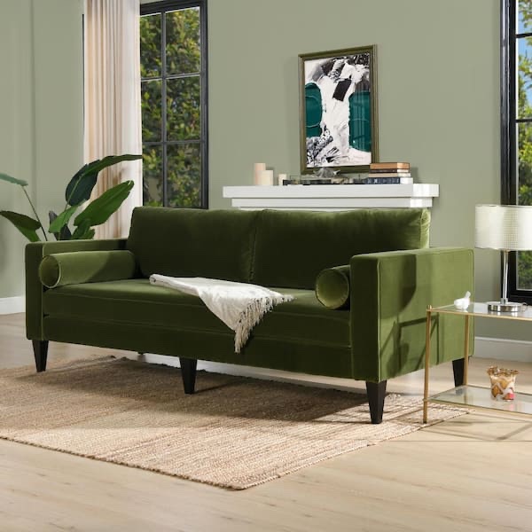 Jennifer Taylor Nicholi 84 in. Olive Green Performance Velvet 3-Seat Mid-Century Modern Sofa 63030