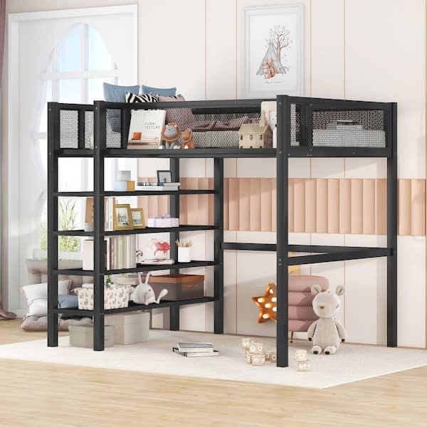 Liyuan Metal Loft Bed with 4-Tier Shelves and Storage