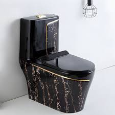 Contemporary Floor Mounted Standard Height  One-Piece Elongated Standard Height  Toilet Black And Gold TO24BCG w/ Vortex Siphon Flush Toilet Soft-Close Seat Dimensions:15.4 in. x 27.6 in. 30.3 in. 