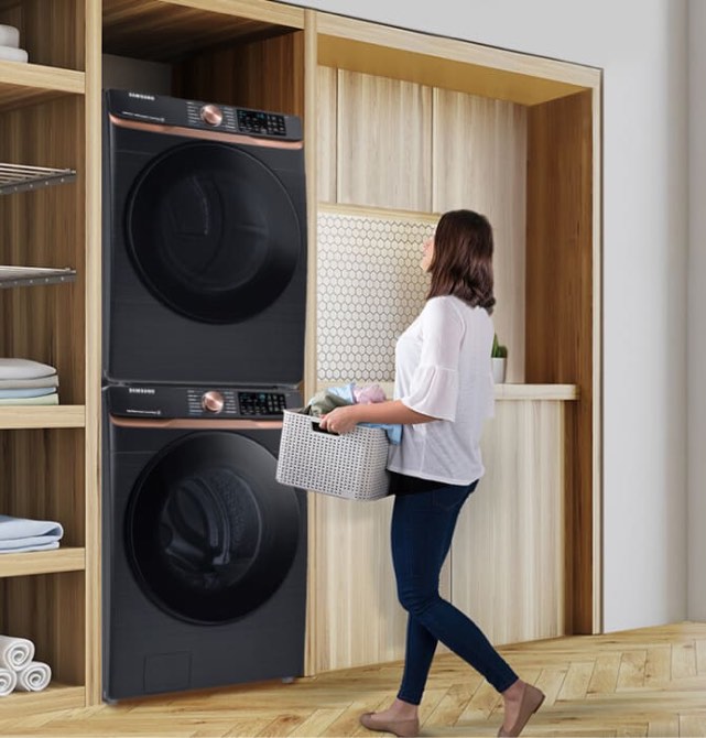 Samsung  Extra Large Capacity Smart Front Load Washer and Electric Dryer Set with Super Speed Wash, Steam Sanitize+, and Sensor Dry in Brushed Black Steel Tub WA47CG3500AV and DVE47CG3500V Washer And Dryer Set
