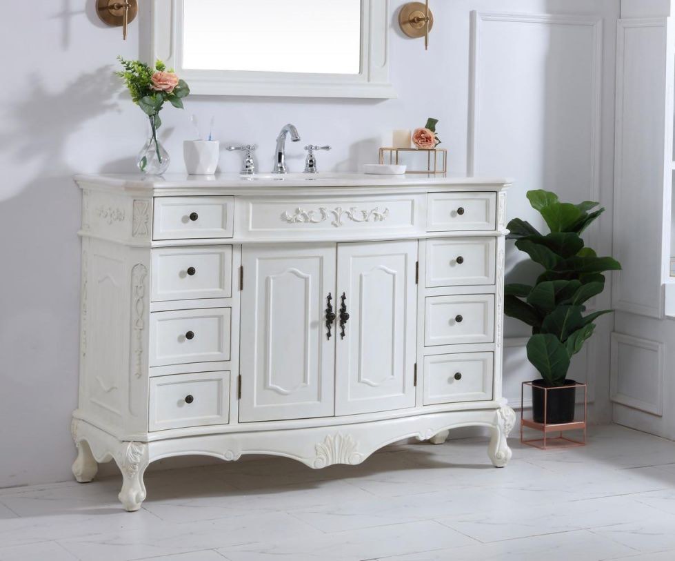 Elegant 48 In. Single Bathroom Vanity in Antique White with Ivory White Engineered Marble VF10148AW-VW