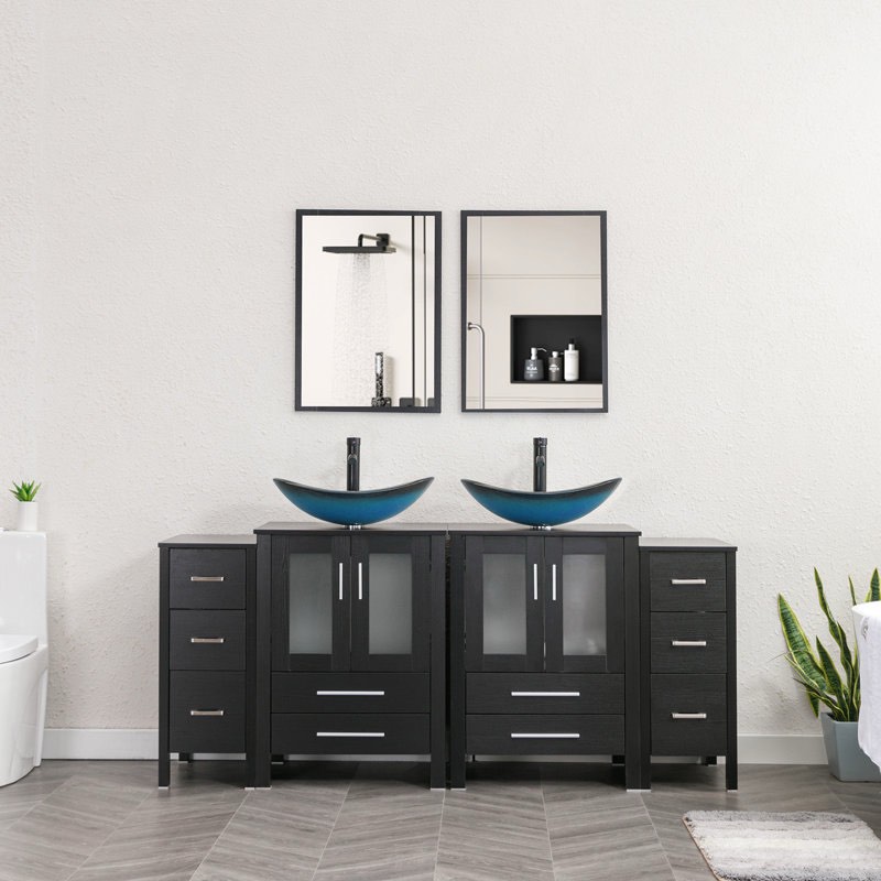 Wade Logan Brazel 72'' Free Standing Double Bathroom Vanity with Manufactured Wood Top, Vessel Sink, Faucet, Drain by Wade Logan (Black Vanity, Blue Bowl.)