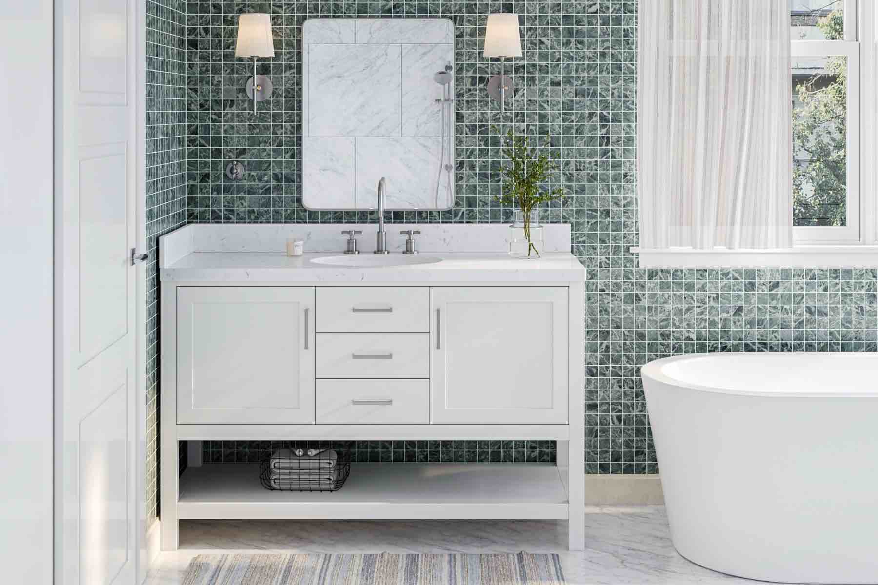 Ariel Bayhill 54 In. Oval Sink Bathroom Vanity With Carrara White Quartz Countertop 1.5 Edge In White 54.25 in. W x 22 in. D x 36 in. H R054SCQOVOWHT (COMPLETE.)