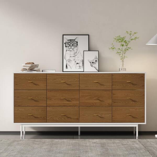 Brown Wood 63 in. W Sideboard Buffet Pantry Cabinet Kitchen Storage Cabinet Cupboard with 12-Drawers