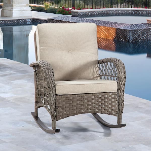 Wicker Outdoor Rocking Chair Patio with Beige Cushion (1-Pack)
