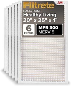 Filtrete 20x25x1 Air Filter, MPR 300, MERV 5, Clean Living Basic Dust 3-Month Pleated 1-Inch Air Filters, 6 Filters