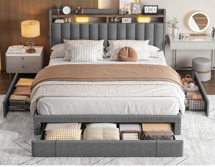 Furinno Laval Double Row Nail Head Bed Frame  12PC Slat Style  Linen  Queen