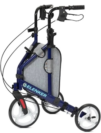 ELENKER 3 Wheel Rollator Walker for Seniors, Three Wheeled Mobility Aid with 10" Wheels and Zipper Storage Pouch, Foldable, Narrow for Small & Tight Spaces, Blue