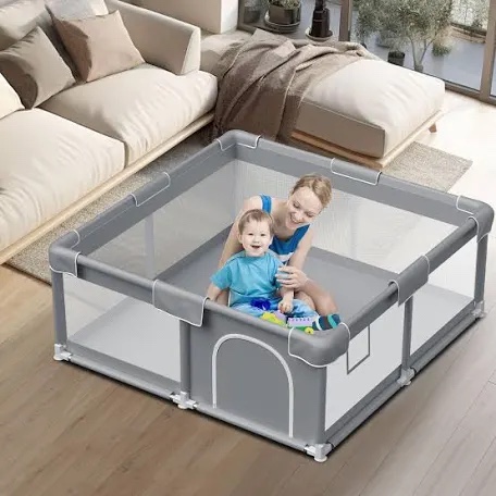 Baby Playpen, Play Pens for Babies and Toddlers, Baby Playard with Zipper Gates, Indoor & Outdoor Playard for Kids Activity Center, Sturdy Safety Baby Fence with Breathable Mesh, Grey