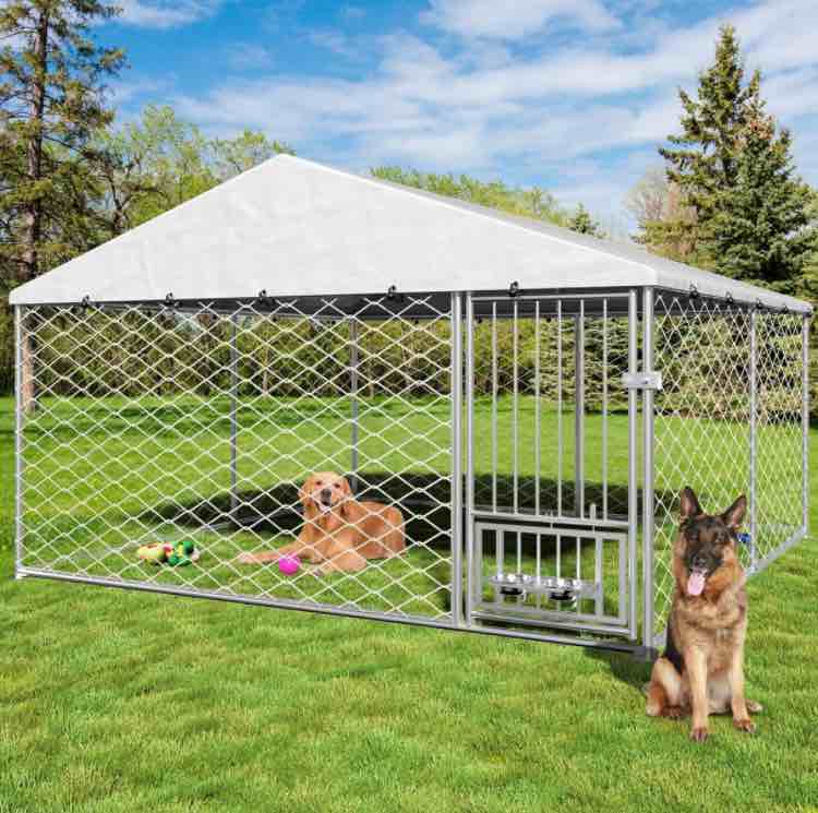 10x10 Heavy Duty Outdoor Dog Kennel, Outside Dog Kennel with Roof, Large Dog Kennel Outdoor with Waterproof Tarpaulin and Rotating Feeder Bowls, Covered Dog Outside Kennel for Large Dogs