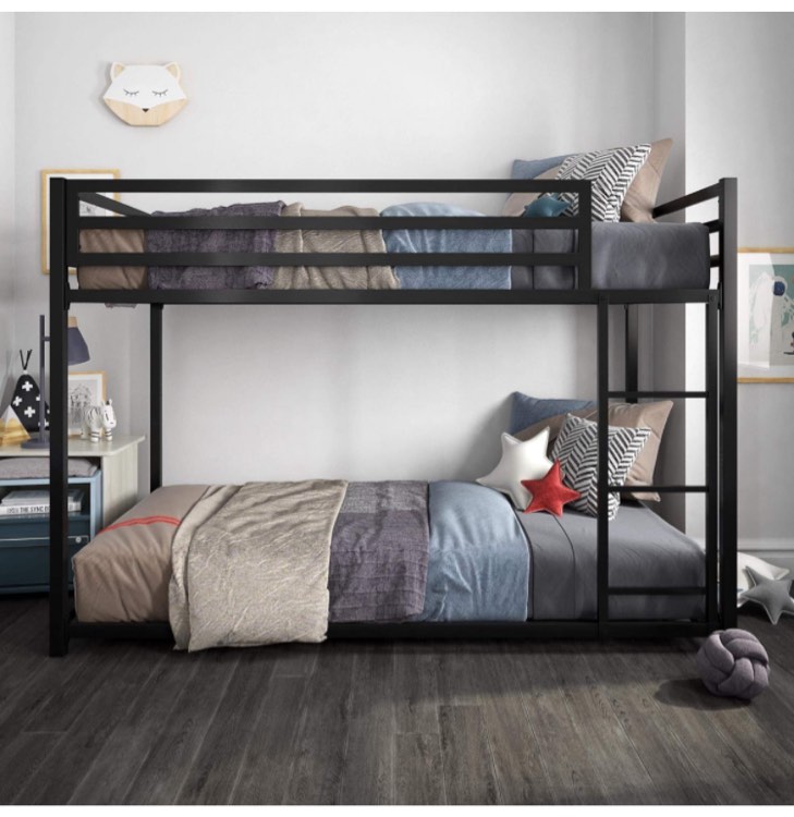 DHP Miles Low Metal Bunk Bed Frame for Kids, With Built-in Ladder, High Guardrail and Metal Slats, Floor Bed Bottom Bunk, No Boxspring Required, For Small Spaces, Twin-Over-Twin, Black