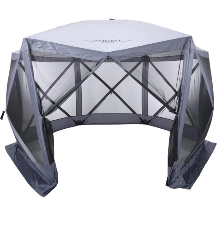Gardimax Pop Up Instant 12'x12' 6 Sided Gazebo Screen House for Camping 8-10 Person, for Backyard, Camping, Outdoor, Grey