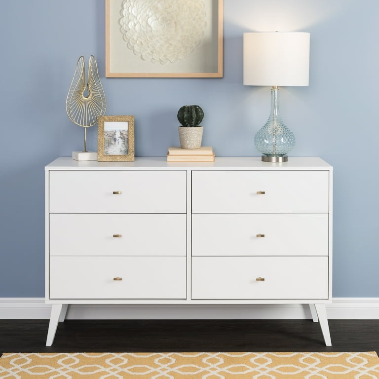 Prepac Milo Mid-Century 6 Drawer Wooden Double Dresser, 16" x 52.25" x 33", White