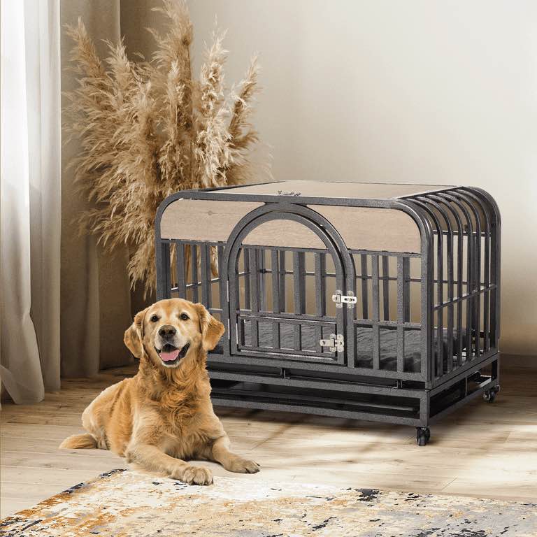 BARDY Heavy Duty Dog Crate for Indoor Dogs,Dog Cage with Tray and Wheels, Furniture Style Dog House for Large Dogs,Beige 32"