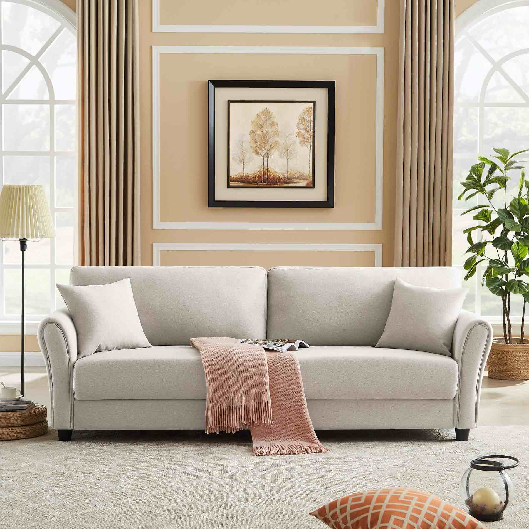 VANOMi 84.25''W Linen Flared Arm Sofa, 3-Seater, Solid Wood Legs Beige