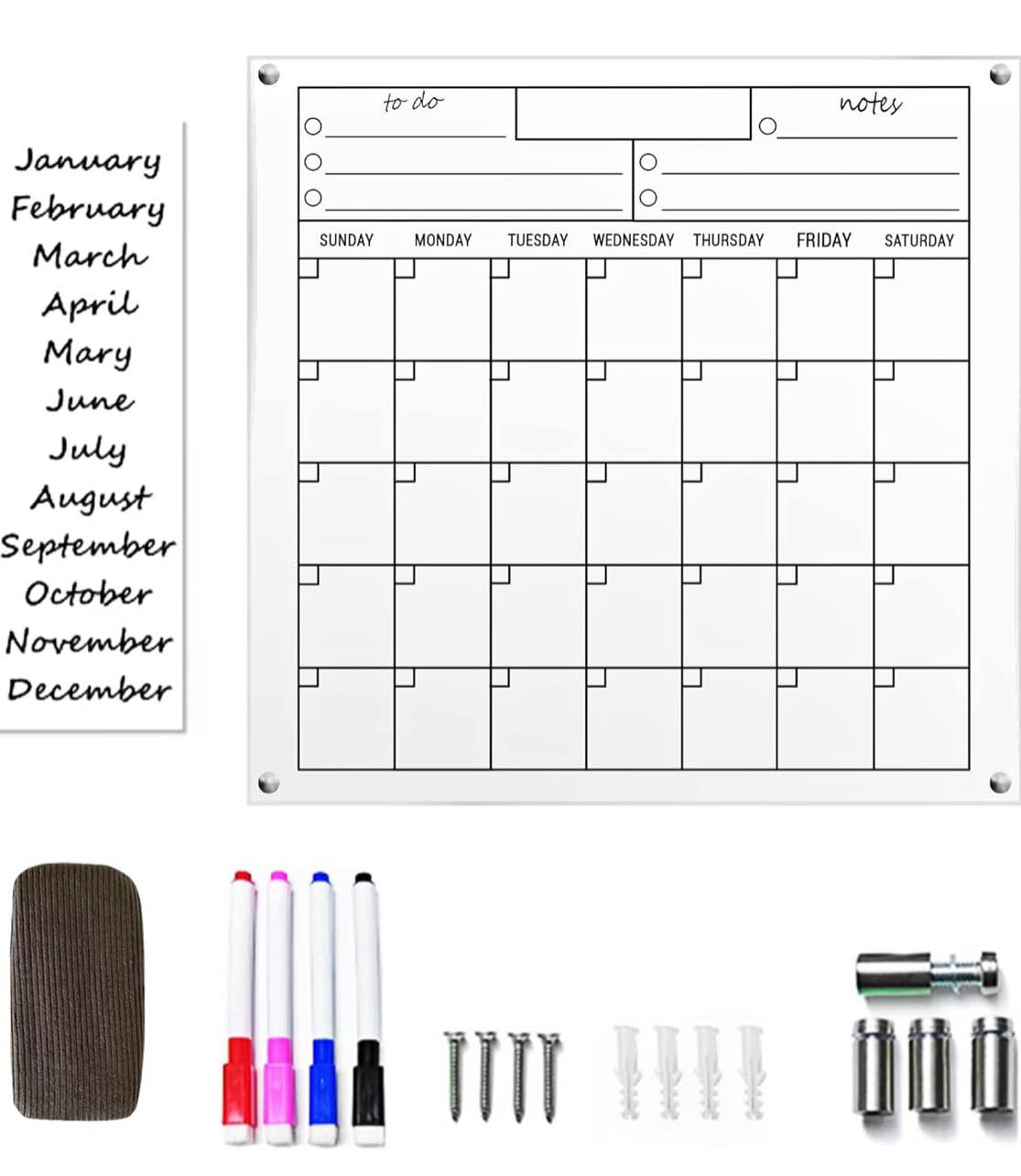 21" x 22" Large Monthly Clear Acrylic Wall Calendar with Markers, Eraser, Reusable Month Stickers & Mounting Hardware - Dry Erase Board, Erasable Month Planner, Task Organizer for Home Office School