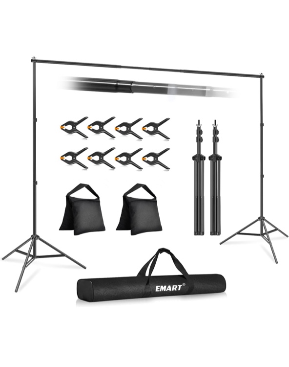 EMART Backdrop Stand 10x7ft(WxH) Photo Studio Adjustable Background Stand Support Kit with 2 Crossbars, 8 Backdrop Clamps, 2 Sandbags and Carrying Bag for Parties Events Decoration