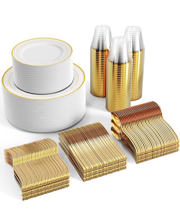 FOCUSLINE 600pcs Gold Dinnerware Set for 100 Guests, Gold Rim Plastic Plates Disposable, 100 Dinner Plates, 100 Salad Plates, 100 Cups, 100 Gold Silverware Set for Parties Wedding