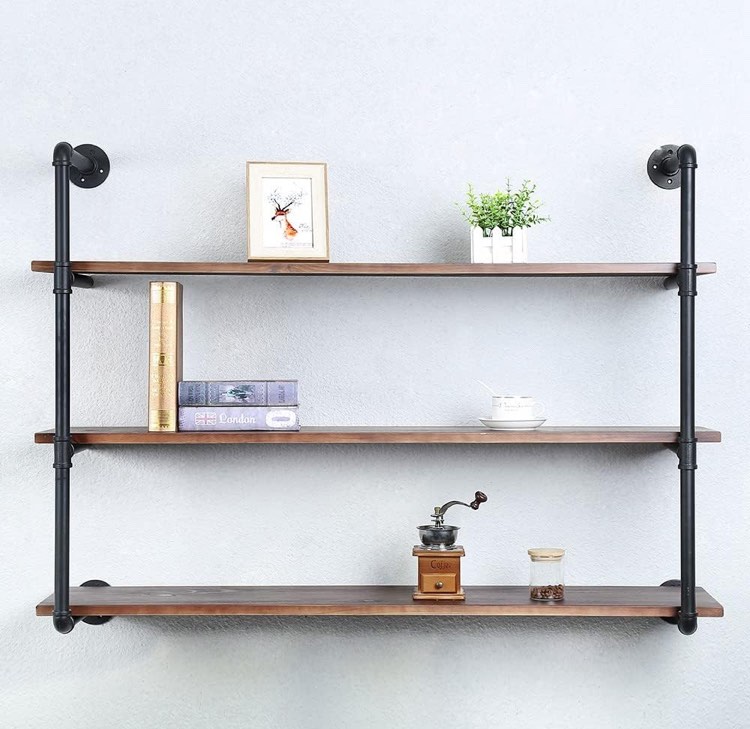 Industrial Pipe Shelving Wall Mounted,48in Rustic Metal Floating Shelves,Steampunk Real Wood Book Shelves,Wall Shelf Unit Bookshelf Hanging Wall Shelves,Farmhouse Kitchen Bar Shelving(3 Tier)