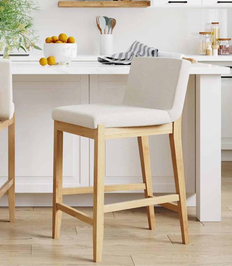 Nathan James Gracie Modern Counter Height Bar Stool with Back, Counter Stool Upholstered Chair with Natural Textured Linen and Brushed Wooden Legs, White/Light Brown
