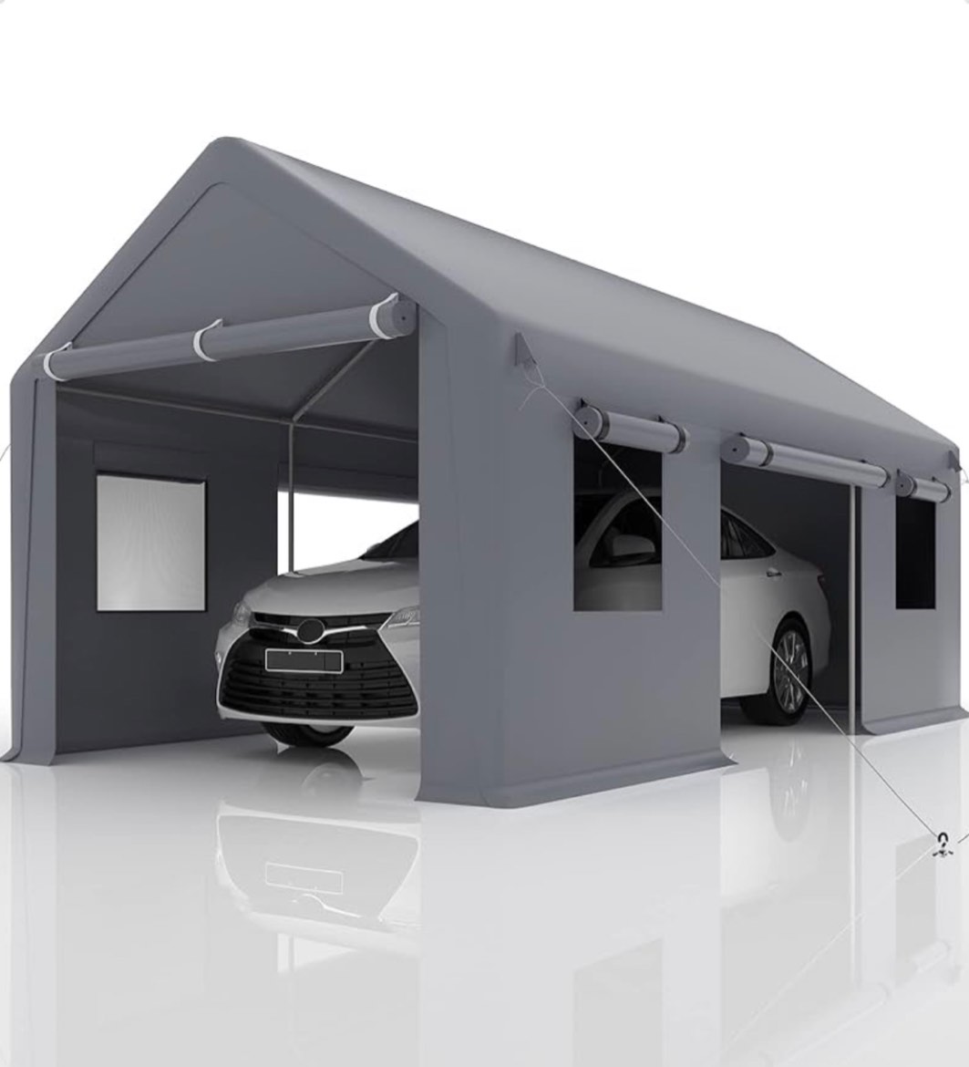 DEXSO Carport 10'x20' Portable Garage, Reinforced Steel Poles and 180g PE Heavy Duty & Waterproof Canopy, 4 Roll-up Doors, 4 Ventilated Windows, for Pickup, Boat, and Equipment, Silver Gray