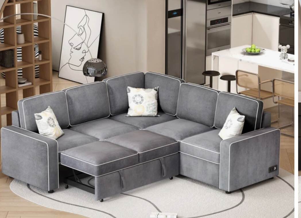 3" L-Shaped Pull Out Sofa Bed Modern Convertible Sleeper Sofa with 2 USB ports, 2 Power Sockets and 3 Pillows for Living Room, Bedroom, Office WF309499AAE. ONLY Box 1 of 4 