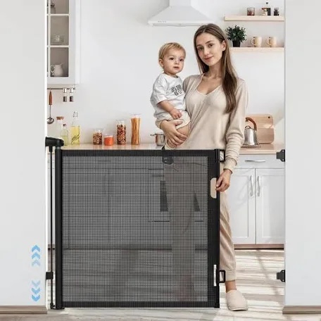 Cumbor Retractable Baby Gate for Stairs Indoor, Extends up to 55" Wide Mesh Dog Gate for Doorways, 34" Tall Safety Dog Gates for The House, Easy to Use Pet Gate for Stairway & Ourdoors, Black