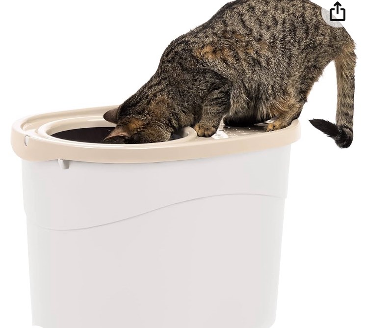 IRIS USA Round Top Entry Cat Litter Box Litter Particle Catching Cover and Privacy Walls with Scoop, Beige