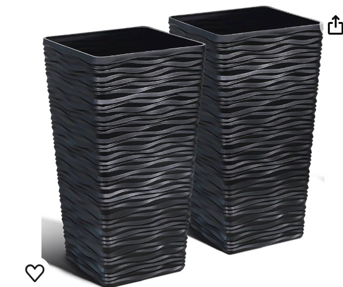 Worth Garden 2-Pack Black Tall Tree Planter - Plastic Square Tapered Plant Pots for Indoor Outdoor - 22" H - Modern Wavy Finish Decorative Flower Pots for Front Porch Containers Patio Deck