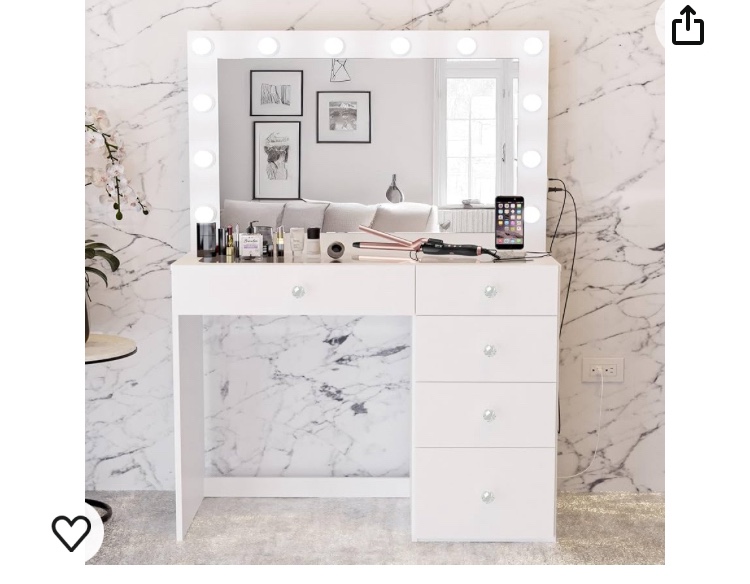 Boahaus Alana White Makeup Vanity Desk with Mirror and Lights, Crystal Ball Knobs, 5 Drawers for Ample Storage, Glass Top, Elegant White Dressing Table with Mirror for Bedroom