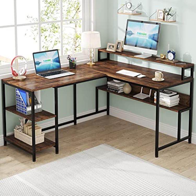 Tribesigns 59 Inch L Shaped Desk with Monitor Stand, Reversible Corner Computer Desk with Storage Shelves, Study Writing Table Workstation for Home Office, Rustic Brown