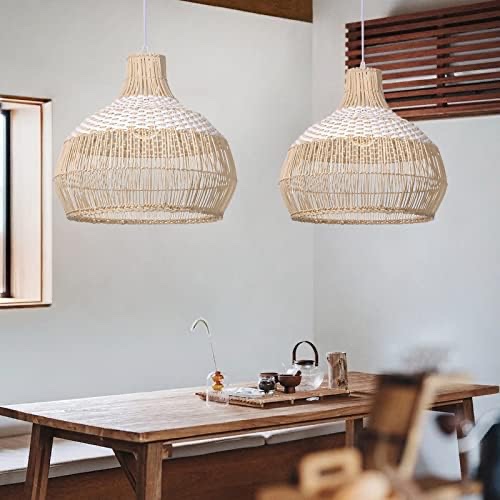 Arturesthome 1 Light White Handwoven Rattan Boho Pendant Light, Wicker Hanging Ceiling Light Chandelier, Handmade Woven Basket Lampshade for Kitchen Island