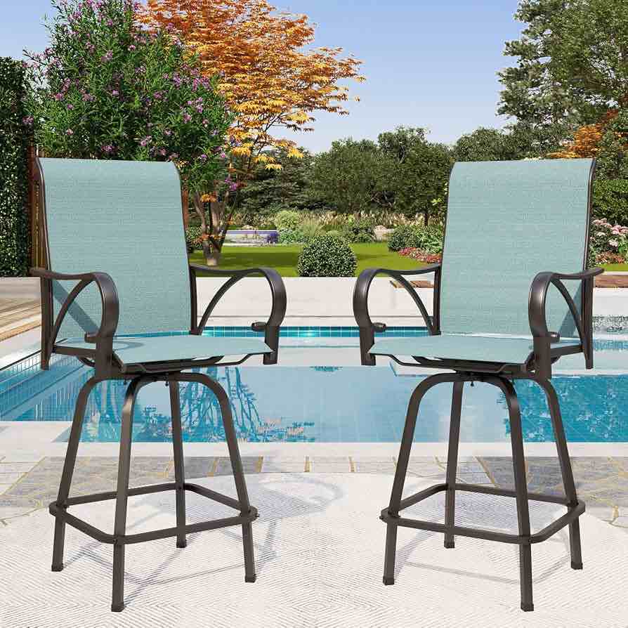 PHI VILLA Outdoor Swivel Bar Stool Chairs, Bar Height Patio Chair with Back and Armrest, All-Weather Textilene Fabric Bar Furniture for Deck Lawn Garden, Waterproof and Quick-Drying, Set of 2