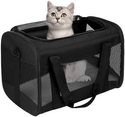 Cat Carrying Case - Pet Carrier Airline Approved, Protable and Breathable Pet Travel Carrier Removable Fleece Pad, Collapsible Cat Carrier Dog Carrier for Medium Cats Small Cats Dogs(Medium, black)