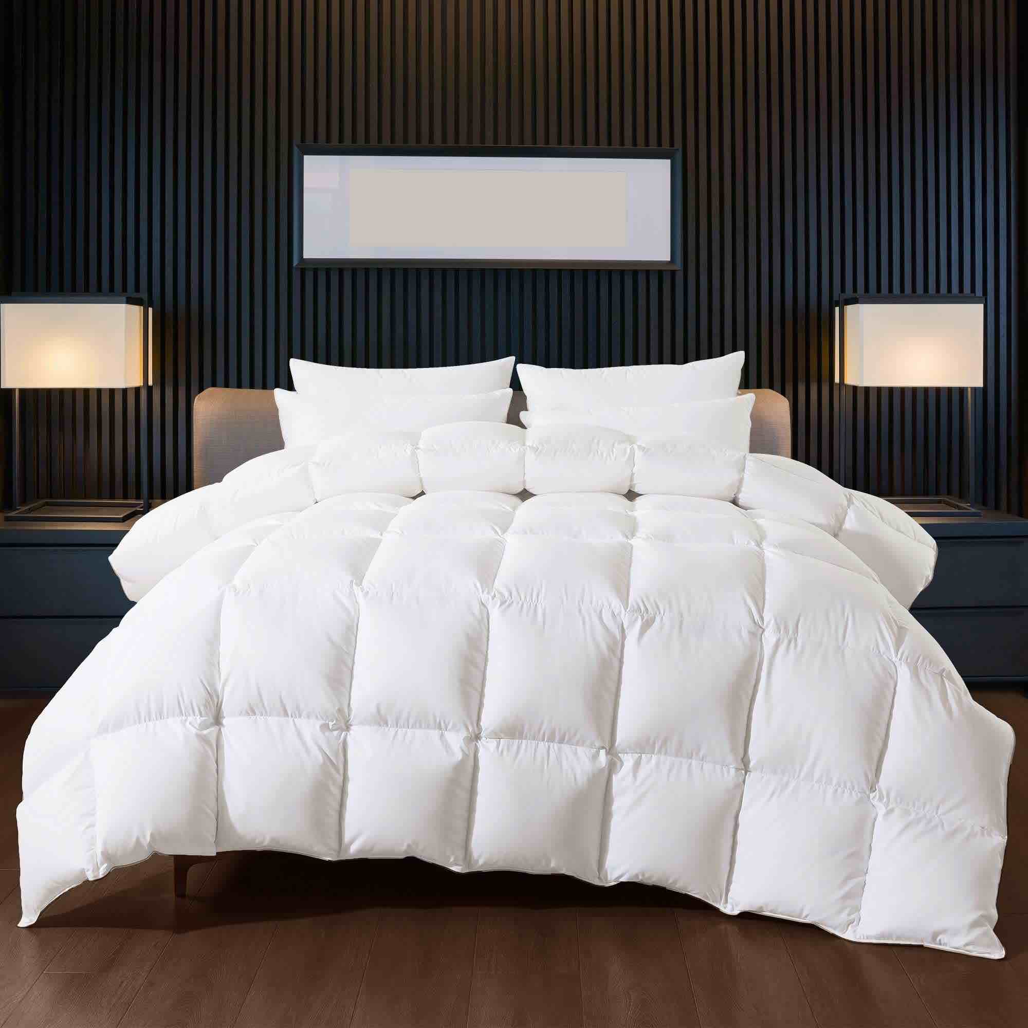 WhatsBedding Puffy White Goose Feather Down Comforter Queen Size, Feather Down All Season Duvet Insert, 100% Cotton Luxury Hotel Collection, 4 Corner Loops, Gold Piping, 90x90 in
