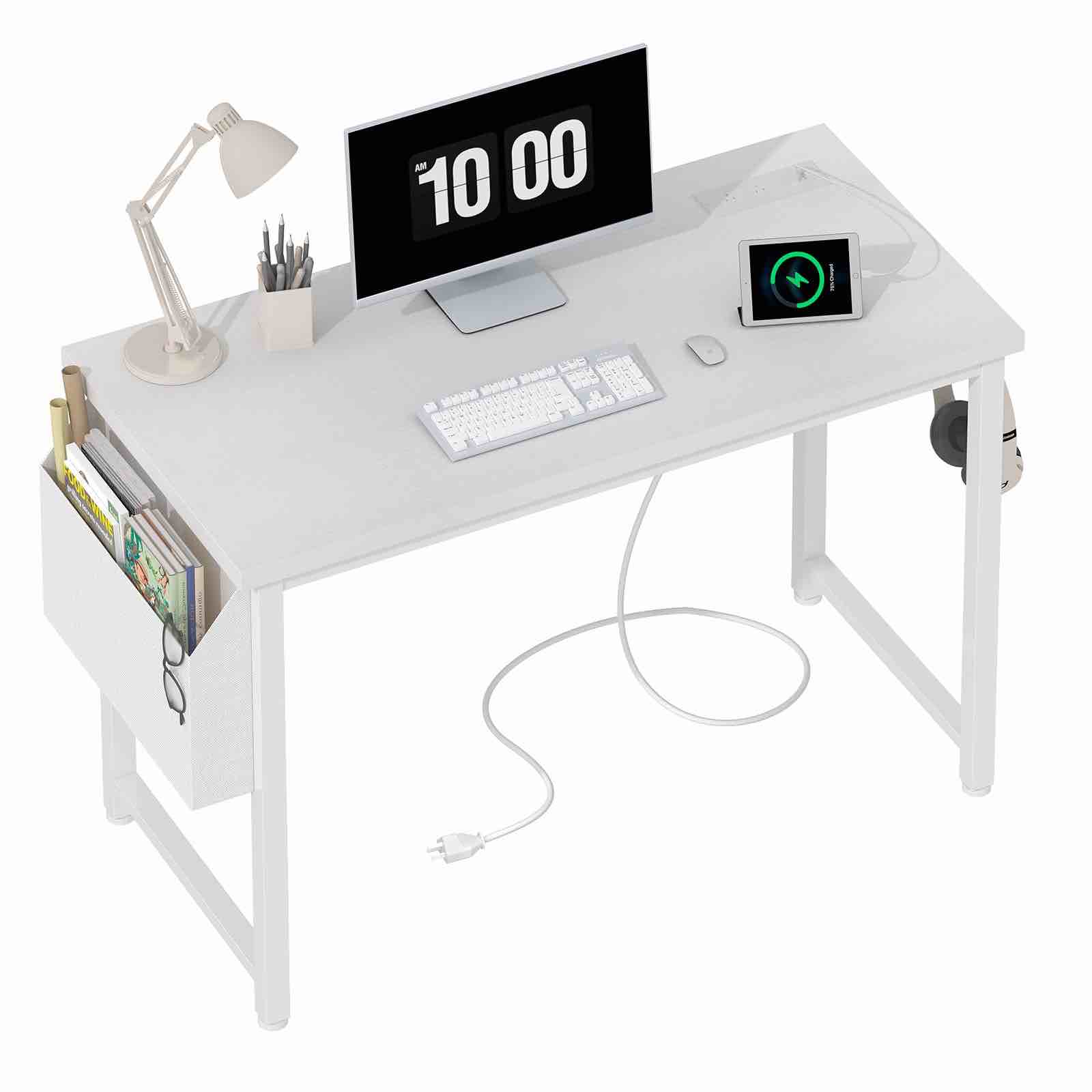 Lufeiya 39 inch White Computer Desk with Power Outlet, 40 inch Teen Study Table Home Office Work Writing Desks with Charging Station Outlets Built in, White