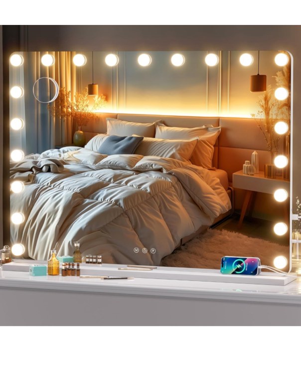 Hasipu Vanity Mirror with Lights, 40" x 29" Hollywood Mirror, Makeup Mirror with 21 Dimmable Bulbs and 10X Magnification, 3 Colors Modes, Touch Control, USB Charging Port, Type-C (White)