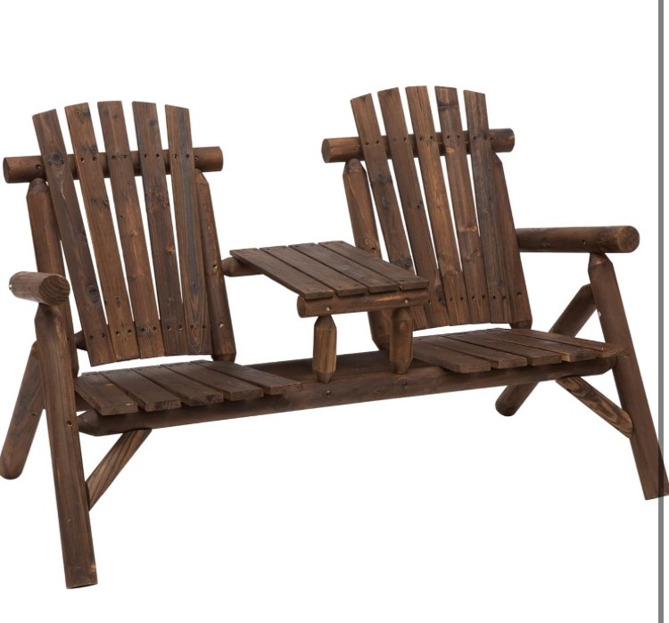 Outsunny 2-Seat Wooden Adirondack Chair, Patio Bench with Table, Outdoor Loveseat Fire Pit Chair for Porch, Backyard, Deck, Carbonized