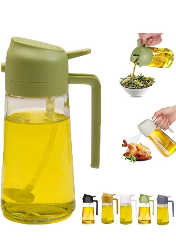2 in 1 glass olive oil filling bottle, 2 in 1 cooking oiler, spray, kitchen press fuel injector, used for salad making, baking, frying, barbecue, kitchen gadgets (470ml) (green)