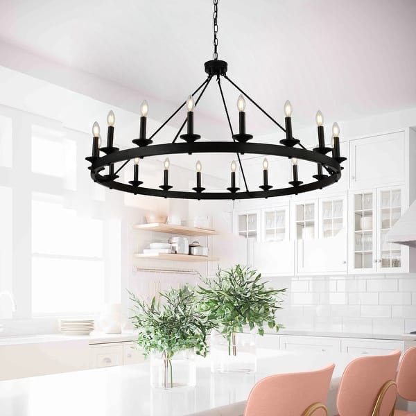 48" 18-Light Industrial Wagon Wheel Large Round Black Chandelier Fixture