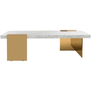 Mycha Collection Marble Coffee Table. White Marble Coffee Table with Gold Flat Legged Base. Base in brand new condition, 55'' L X 30'' W, Marble Top only