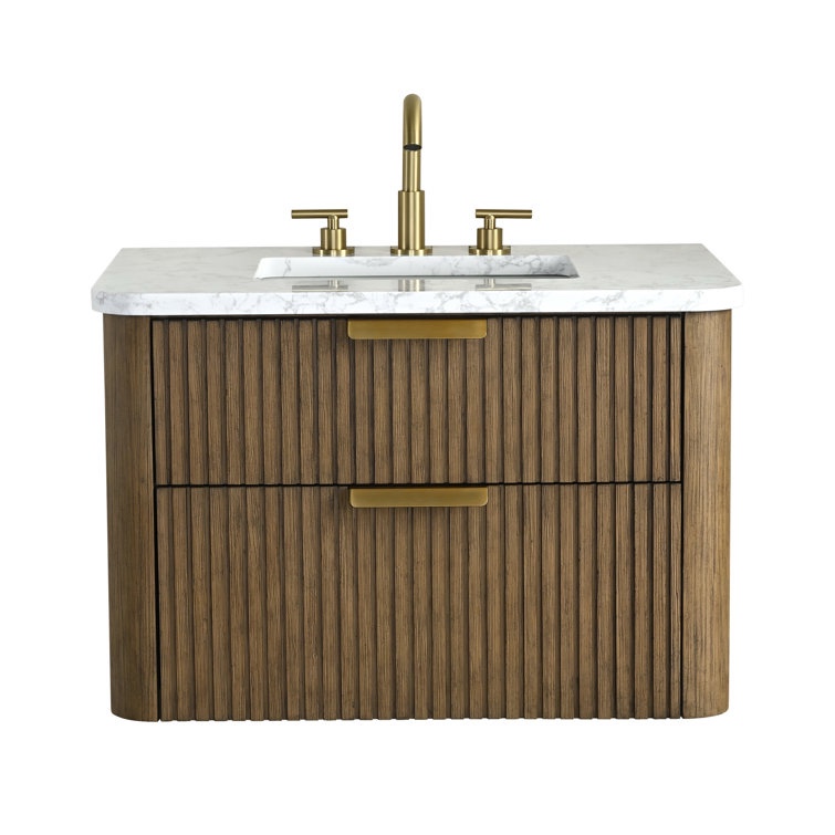 Liljan 30'' Wall-Mounted Single Bathroom Vanity with Engineered Stone Top. Single Bathroom 2 Drawer Wall Mounted Vanity in Aged Oak with Gold Hardware, 20'' H X 30'' W X 20'' D
