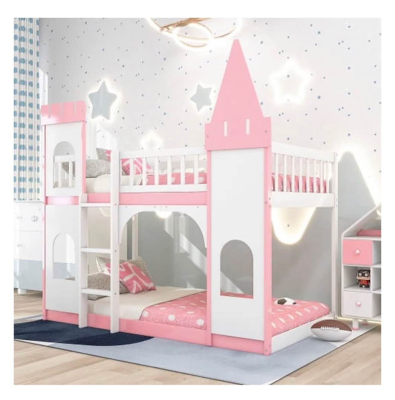 Bunk Bed, Twin Over Twin Solid Wood Bunk Bed, Castle Wood Low Floor Loft Bunk Bed with Ladder Playhouse with Window and Full-Length Guardrail, Pink