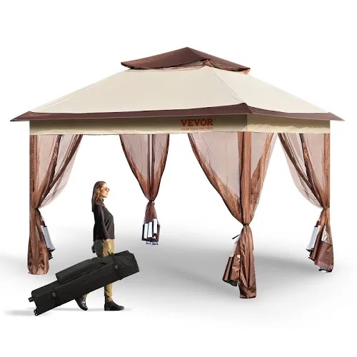 VEVOR Patio Gazebo, 11 x 11 FT Pop up Gazebo for 8-10 Person, with Mosquito Netting, Metal Frame, and PU Coated 250D Oxford Cloth